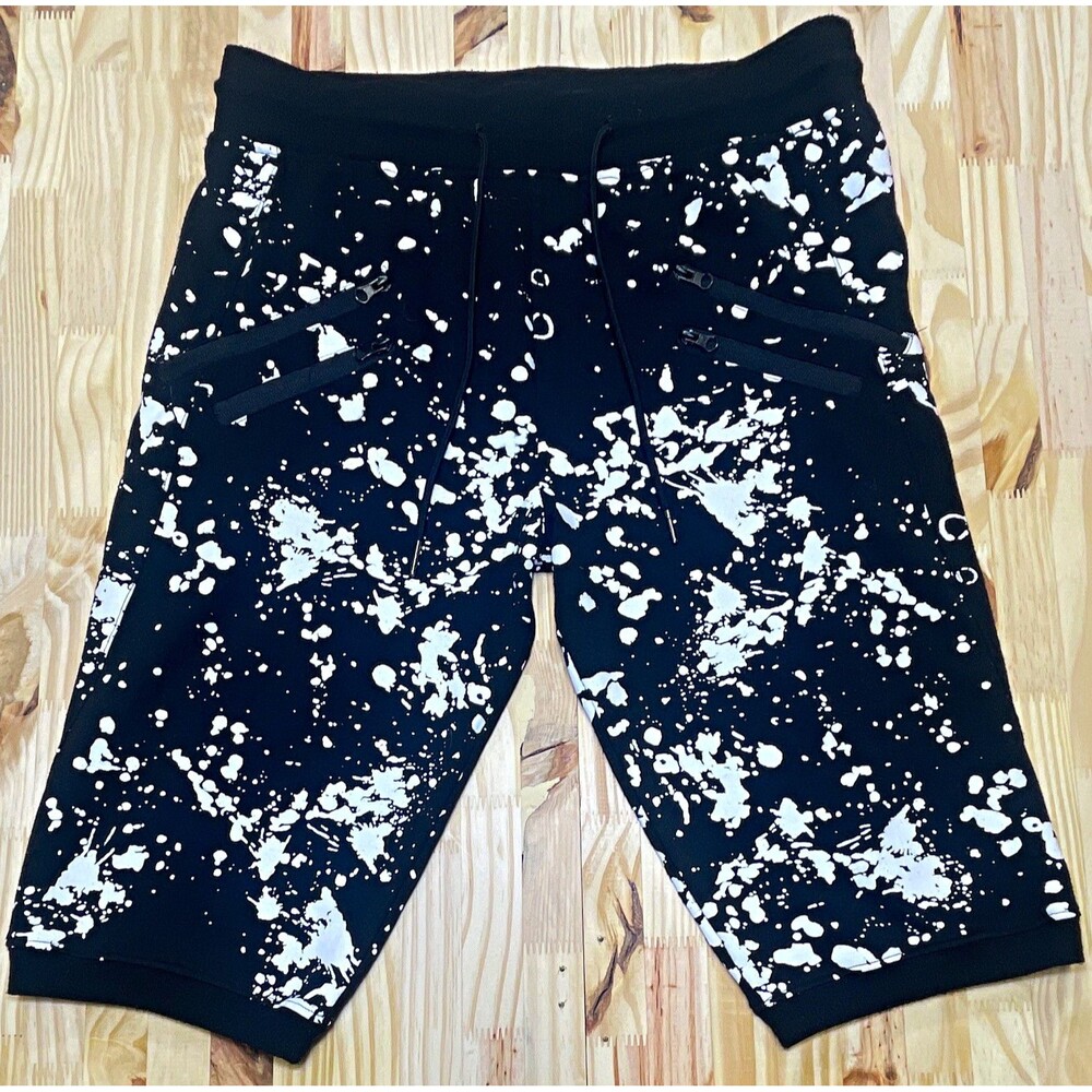 Carbon Men's XL Streetwear Shorts Black/White Splatter Dual Zip Pockets